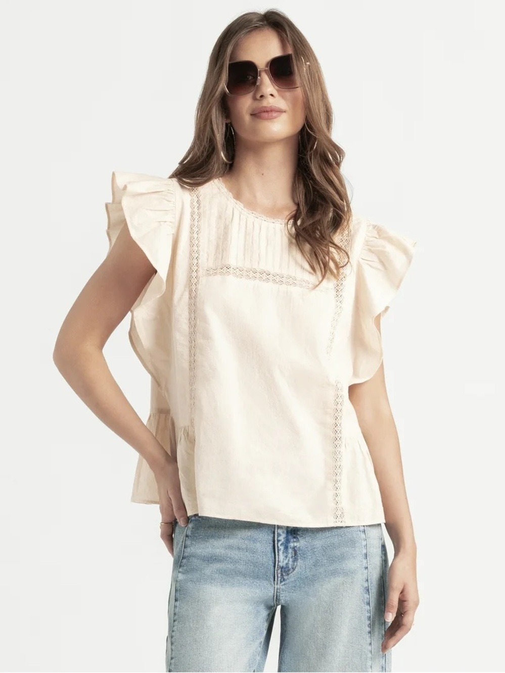 Jessica Simpson Cream Flutter Sleeve Lace-Trim Top